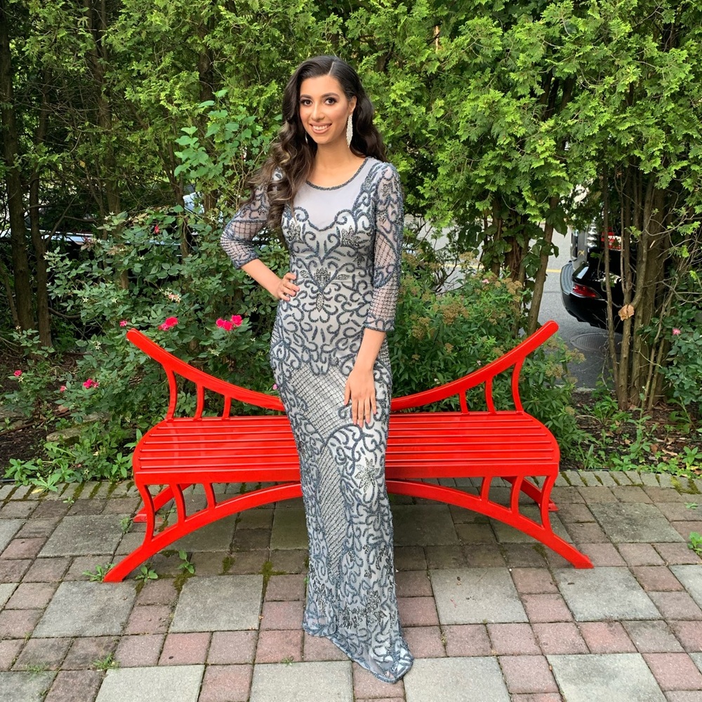 3/4 sleeve blue beaded evening gown